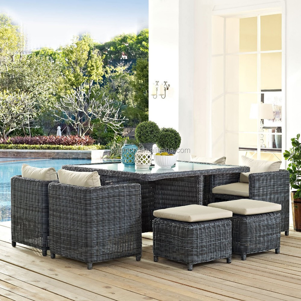 Luxury summer winds patio dining set with hidden ottoman rattan cube garden furniture