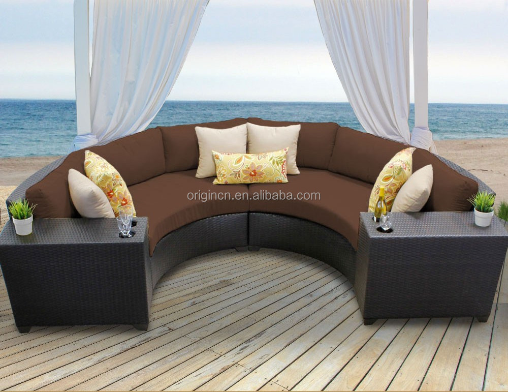 Hotel Home Outdoor Furniture Leisure Rattan Cup Holder Tray Table Curved Chair Half Circle Sofas