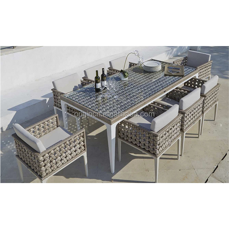 Luxury Synthetic Rattan 5 Star Hotel Outdoor Furniture 8 Seaters Dining Set Glass Top Table Chair Set