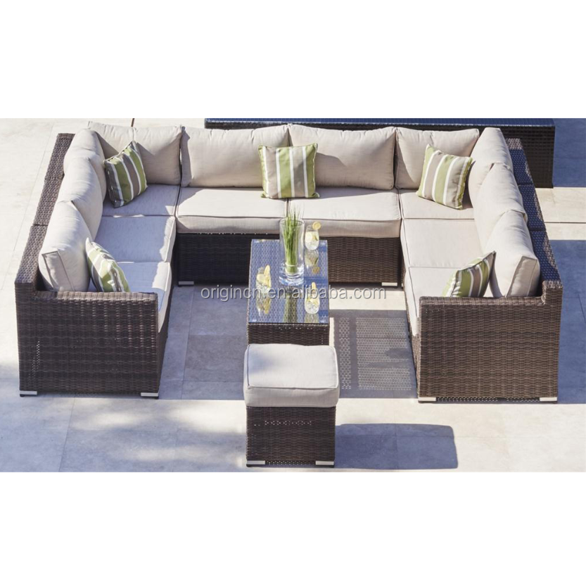 U shape waterproof dining room and outdoor square table and rattan 7 seater sectional sofa