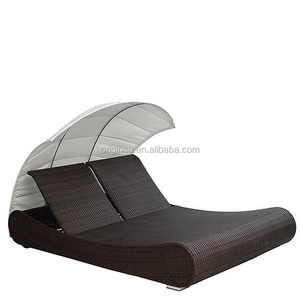 Modern Home Hotel Garden Double Bed Pe Rattan Chaise Lounge Canopy Outdoor Sunbed