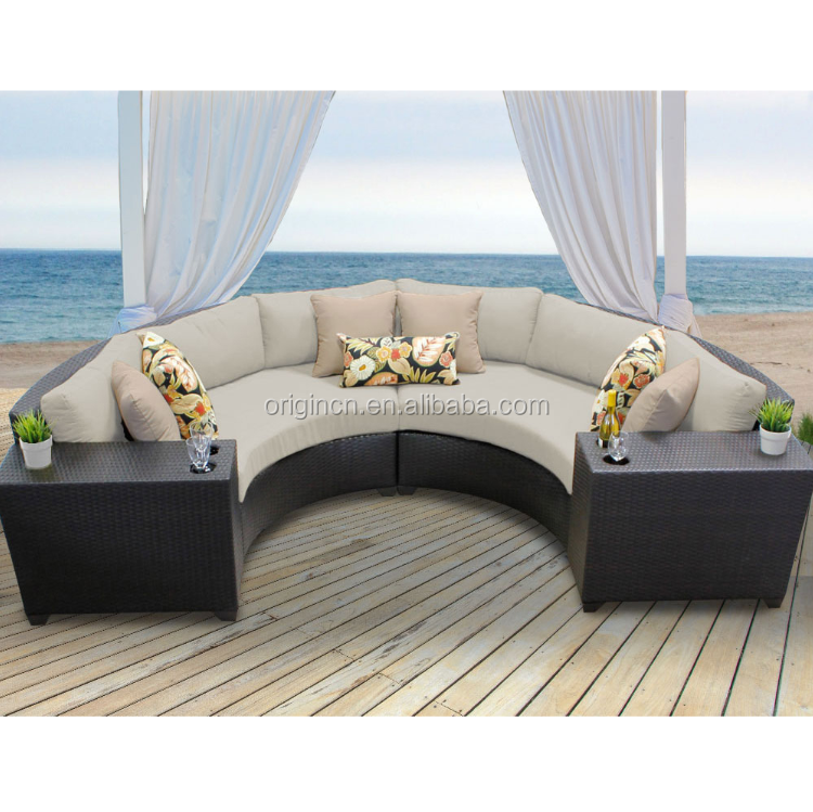 Hotel Home Outdoor Furniture Leisure Rattan Cup Holder Tray Table Curved Chair Half Circle Sofas