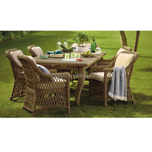 Unique retro style outdoor banquet dining furniture set ratan wicker dinner table set 6 chairs