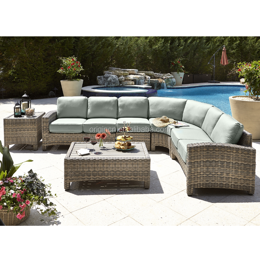 New Design L Shaped Curved Swimming Pool Outdoor Furniture Sectional Rattan Sofa Faux Wood Top Side Table Sofa Set