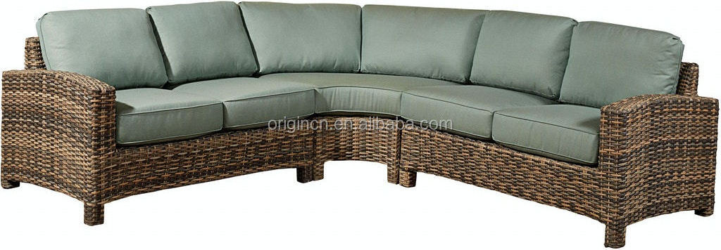 New Design L Shaped Curved Swimming Pool Outdoor Furniture Sectional Rattan Sofa Faux Wood Top Side Table Sofa Set