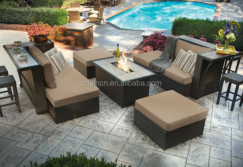 Modern Pool Outdoor Furniture Party Rattan Bar Counter Stool Fire Pit Table Sofa Set