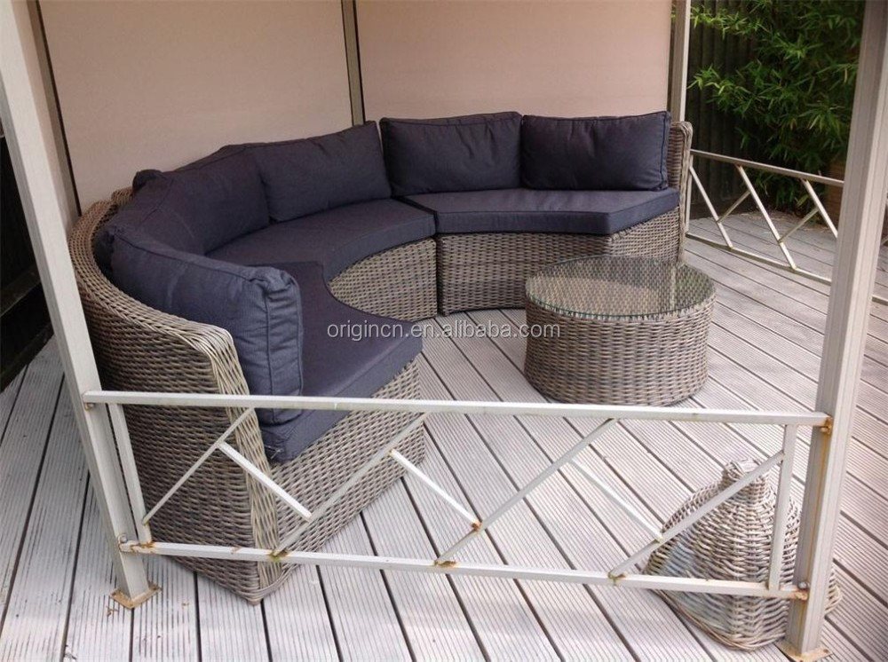 6 seater round curved shaped outdoor lounge sofa and tea table set sectional rattan half moon furniture