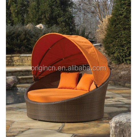 Patio Outdoor Furniture Beach Wicker Round Chaise Lounge Canopy Rattan Daybed