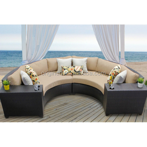 Semi Circle Patio Outdoor Furniture Wicker Curved Armless Sofa Side Tables Set