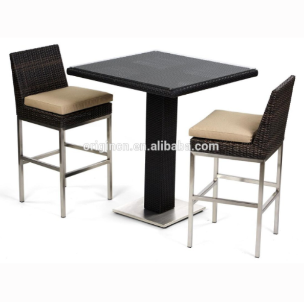 Outdoor leisure modern garden bar furniture set 2 seater chairs and high leg rattan tables cafe