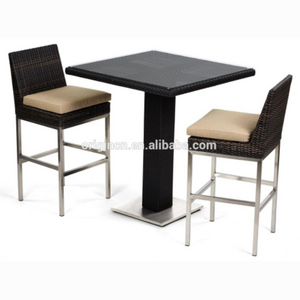 Outdoor leisure modern garden bar furniture set 2 seater chairs and high leg rattan tables cafe