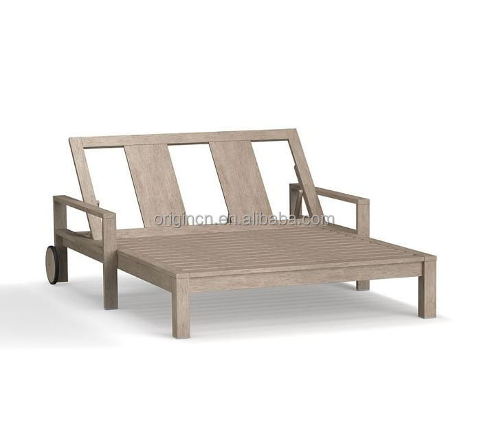 Leisure Ways French Style Outdoor Furniture Wooden Teak Double Chaise Lounge With Wheels