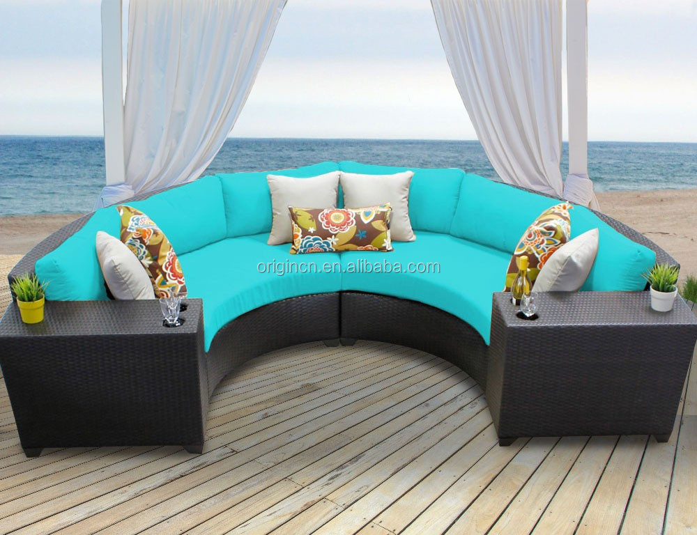 Hotel Home Outdoor Furniture Leisure Rattan Cup Holder Tray Table Curved Chair Half Circle Sofas