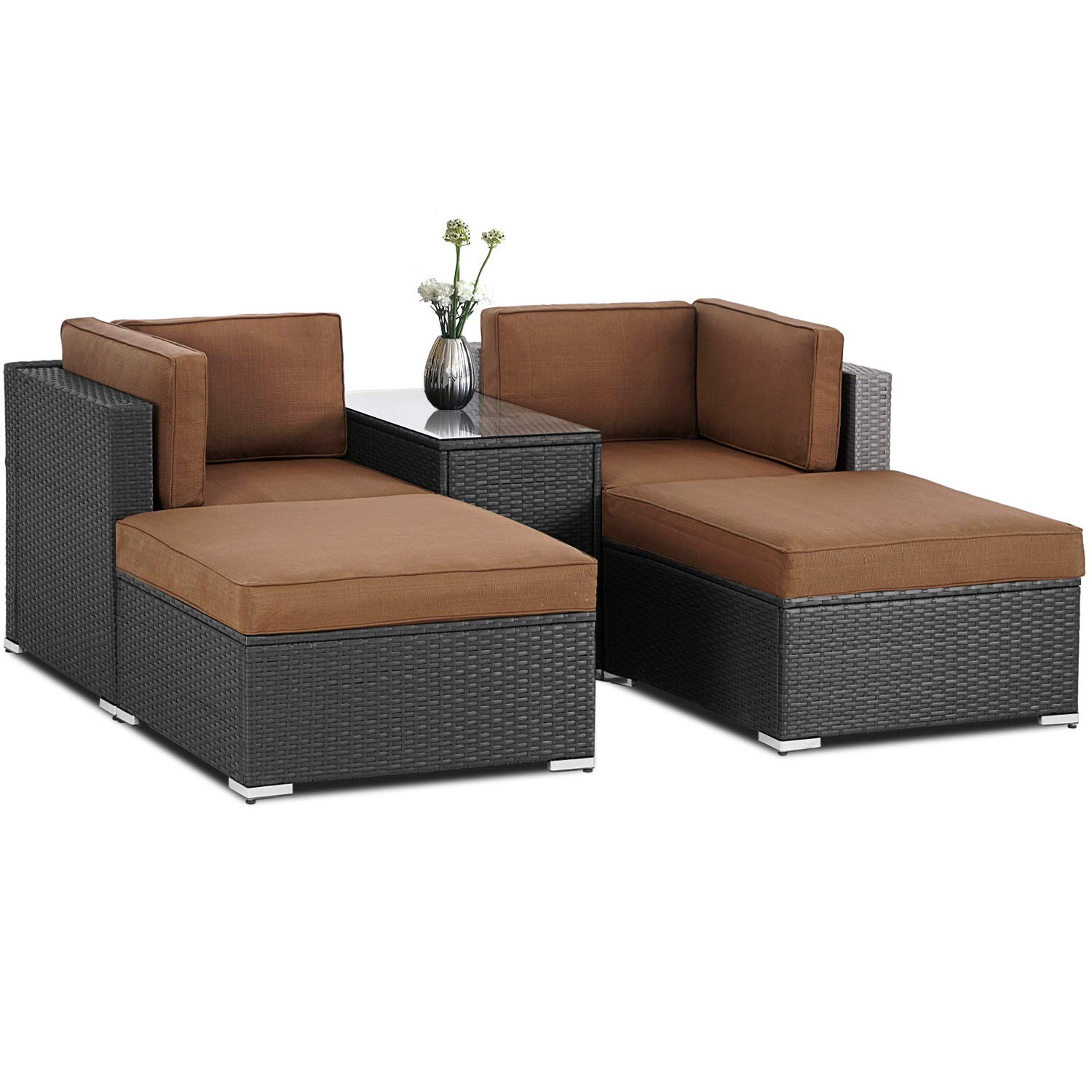 Outdoor Patio Furniture Lounge Dark Brown Cushions Black Brown Wicker Sectional Sofa Coffee Tables Set