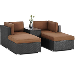 Outdoor Patio Furniture Lounge Dark Brown Cushions Black Brown Wicker Sectional Sofa Coffee Tables Set