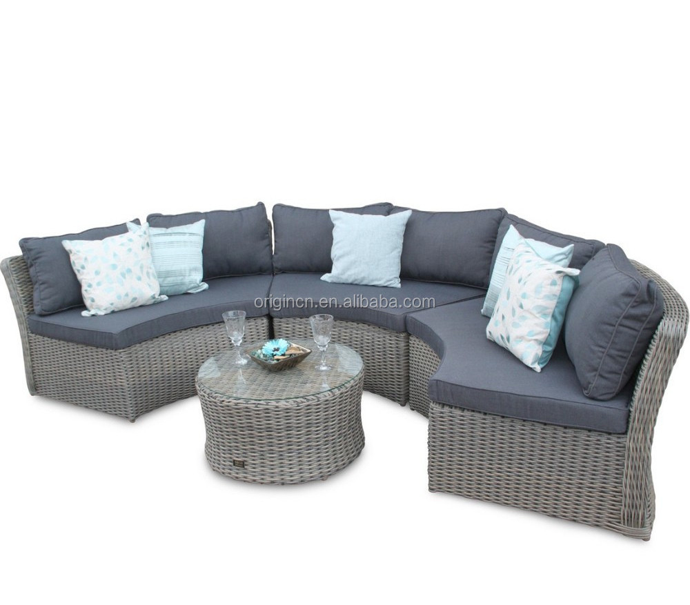 6 seater round curved shaped outdoor lounge sofa and tea table set sectional rattan half moon furniture