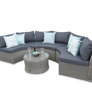 6 seater round curved shaped outdoor lounge sofa and tea table set sectional rattan half moon furniture