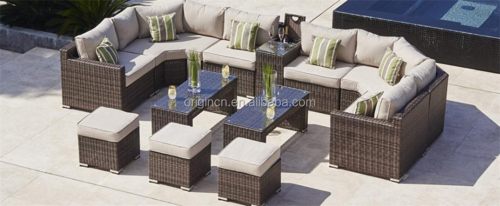 Mexico Style Outdoor Furniture Curved Rattan Lounge Sofa Cooler Table Set