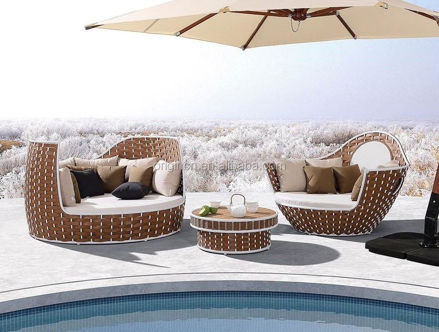 Multi-Purpose Exotic Style Patio Sun Lounge Furniture Wide Plastic Rattan Woven Stacking Outdoor Sofa Bed