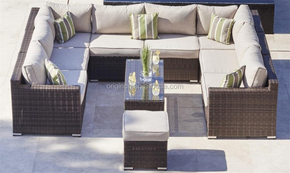 U shape waterproof dining room and outdoor square table and rattan 7 seater sectional sofa