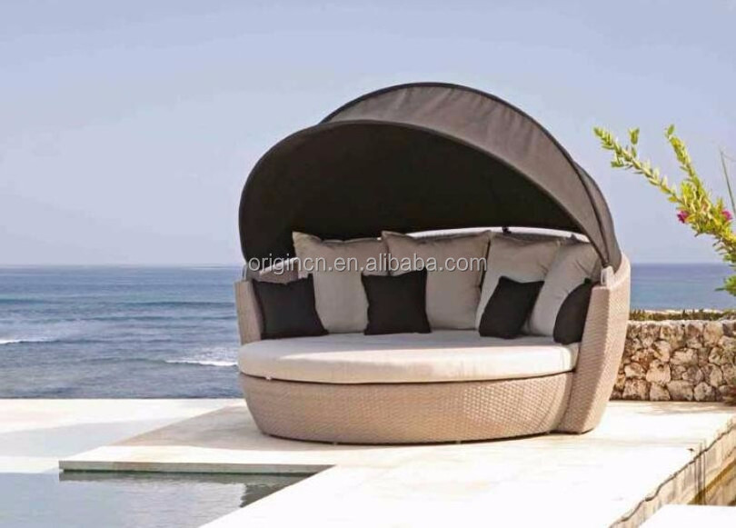 Hot Product Garden Sun Furniture Rattan Round Outdoor Lounge Beds With Canopy