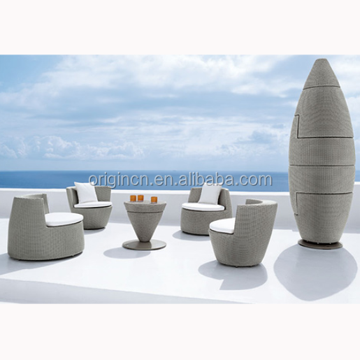 Luxury Garden Art Furniture Space Saving Stackable Oval Shuttle Shape Rattan Bistro Wicker Chair Set