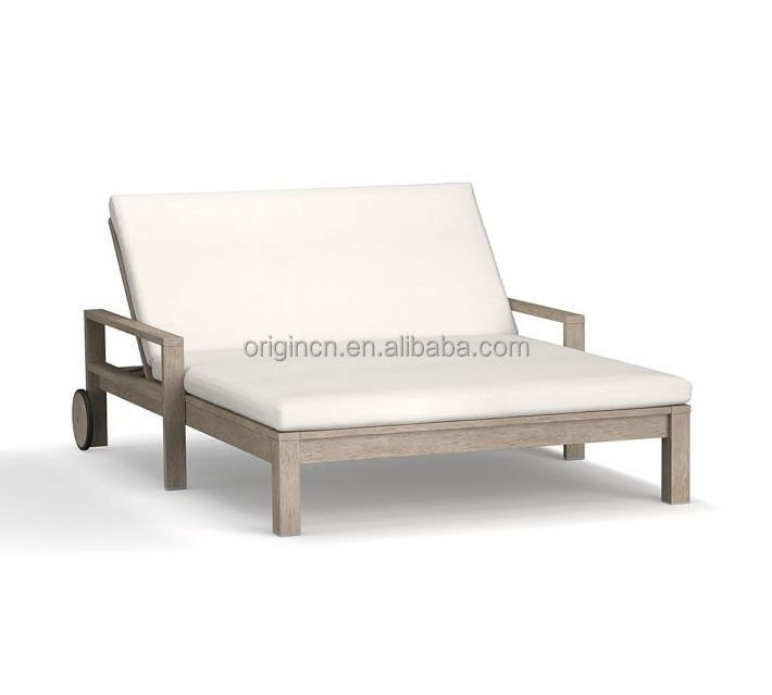 Leisure Ways French Style Outdoor Furniture Wooden Teak Double Chaise Lounge With Wheels