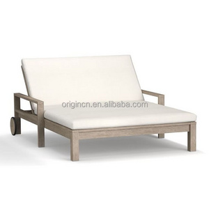 Leisure Ways French Style Outdoor Furniture Wooden Teak Double Chaise Lounge With Wheels