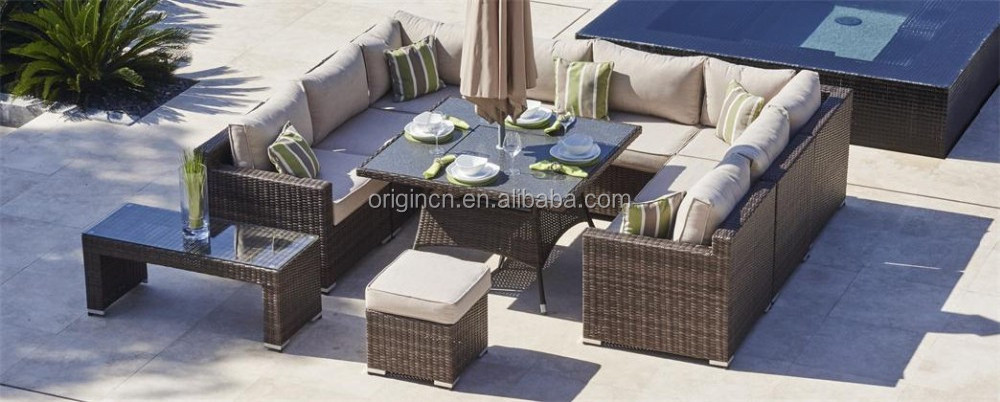 U shape waterproof dining room and outdoor square table and rattan 7 seater sectional sofa