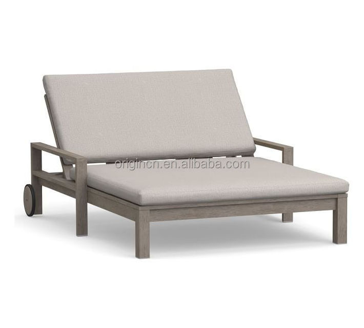 Leisure Ways French Style Outdoor Furniture Wooden Teak Double Chaise Lounge With Wheels