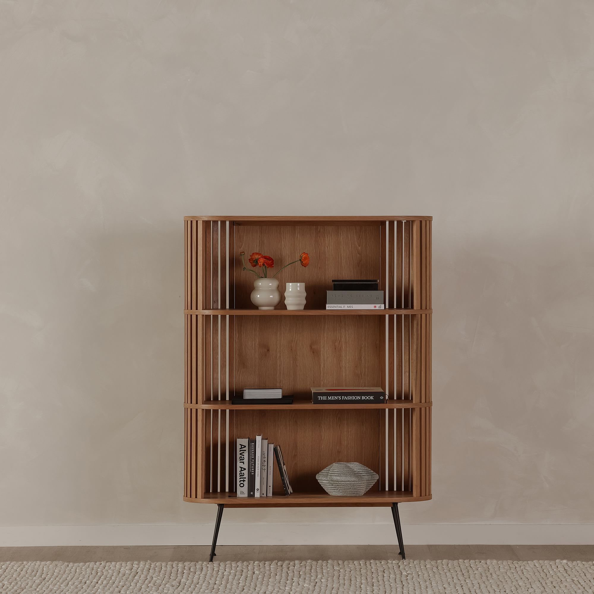 Minimalist Design Bookshelf Rounded Slats Shelf Shoes Solid Wood Cabinet Bookshelf