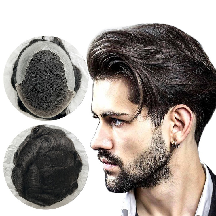 Wholesale toupee 1B color wave Men Wig Hairpiece in stock 100% Virgin Remy Human Hair Q6 base replacement men toupee