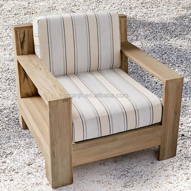 Fashioned wide plank geometric angles broad sturdy arms waterproof cushions teak garden outdoor lounge chair