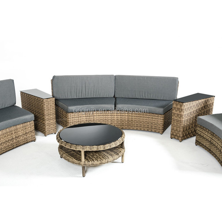 Outdoor patio modern sectional rattan furniture and round tea table 6 seater curved back sofa loveseat