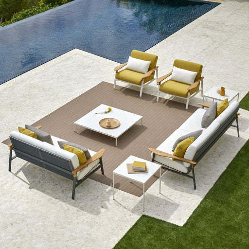 Nordic loveseat 3 seater powder-coated Aluminum frame teak arms outdoor furniture sofa fabric upholstery