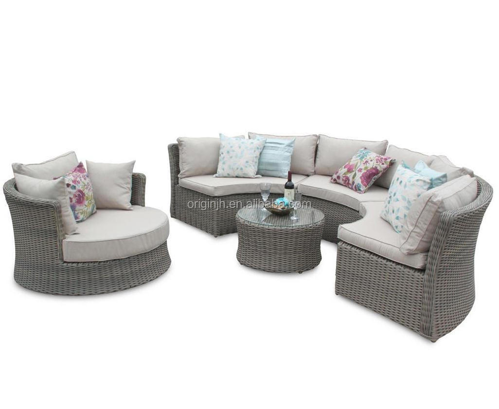 Exotic stylish style patio garden natural alfresco half moon sofa love seat rattan / wicker furniture sets