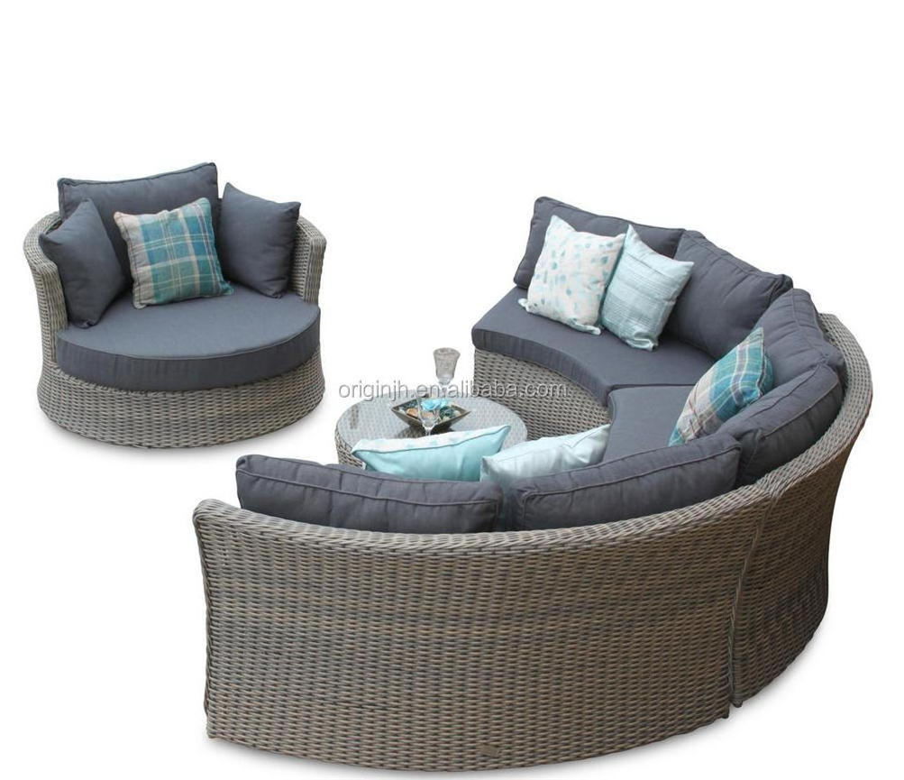 Luxury garden half moon love seat rattan sofa furniture set and round coffee table outdoor sectional