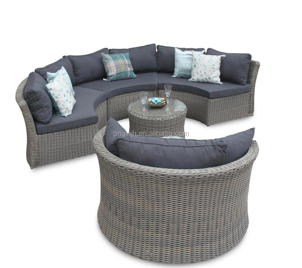 Luxury garden half moon love seat rattan sofa furniture set and round coffee table outdoor sectional