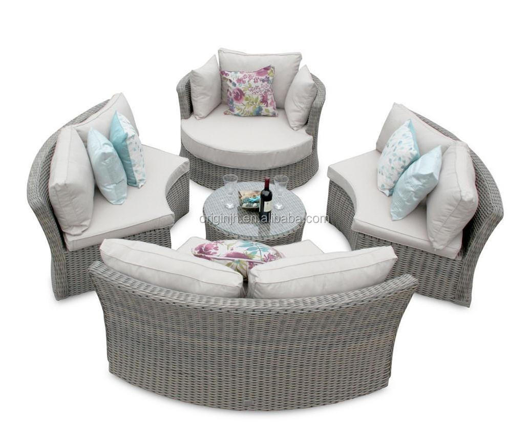 Luxury garden half moon love seat rattan sofa furniture set and round coffee table outdoor sectional