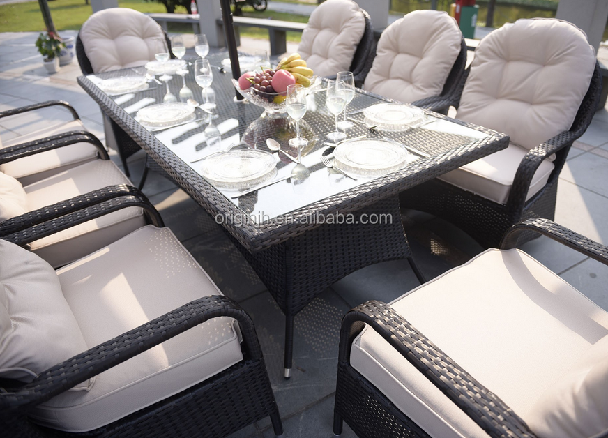 Modern garden high back 8 seater rattan chairs set and glass top table restaurant outdoor dining furniture