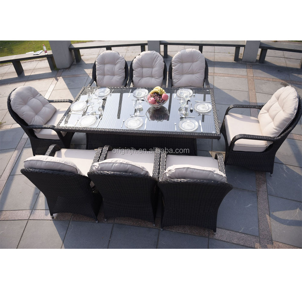 Modern garden high back 8 seater rattan chairs set and glass top table restaurant outdoor dining furniture