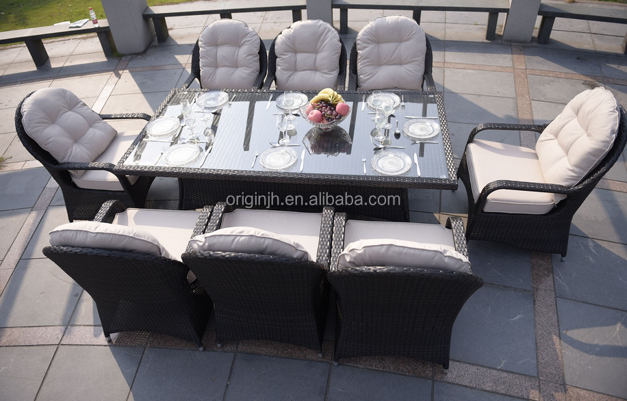 Modern garden high back 8 seater rattan chairs set and glass top table restaurant outdoor dining furniture