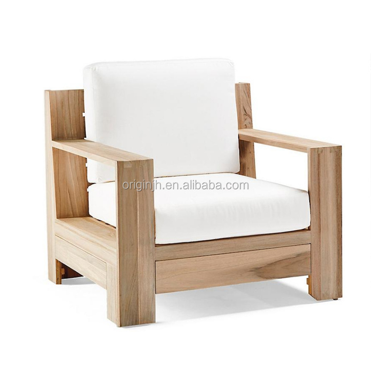 Fashioned wide plank geometric angles broad sturdy arms waterproof cushions teak garden outdoor lounge chair