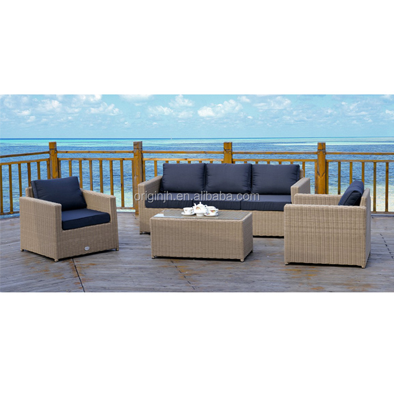 Luxury 4-Piece Blue Cushioned Patio Furniture Set 3 seater Wicker Outdoor Garden Sets Rattan Sofa