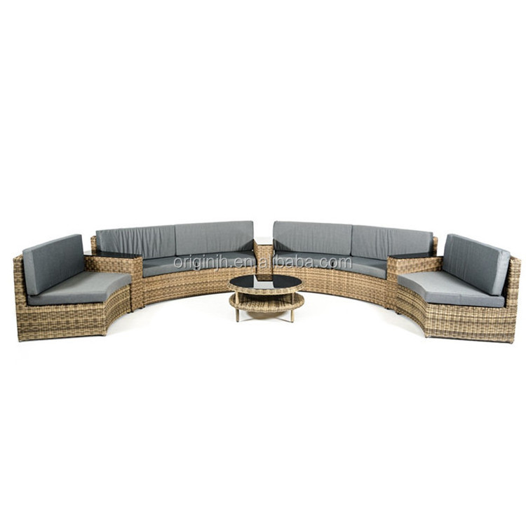 Outdoor patio modern sectional rattan furniture and round tea table 6 seater curved back sofa loveseat