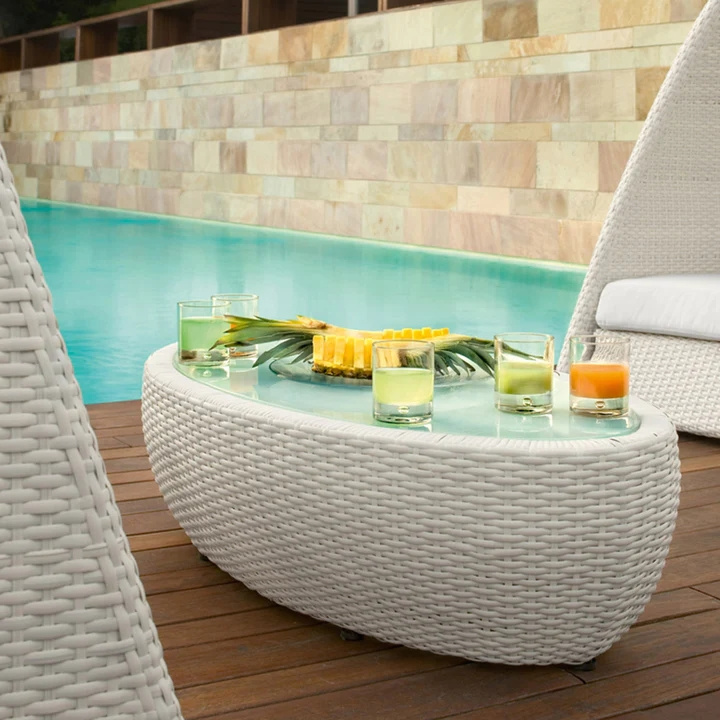 Outdoor aluminum frame wicker woven glass top pool relax areas rattan coffee table