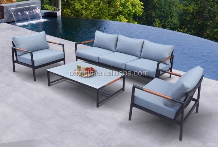 New arrival black powder-coated aluminum frame teak wood inlay on arms sofa set outdoor patio furniture