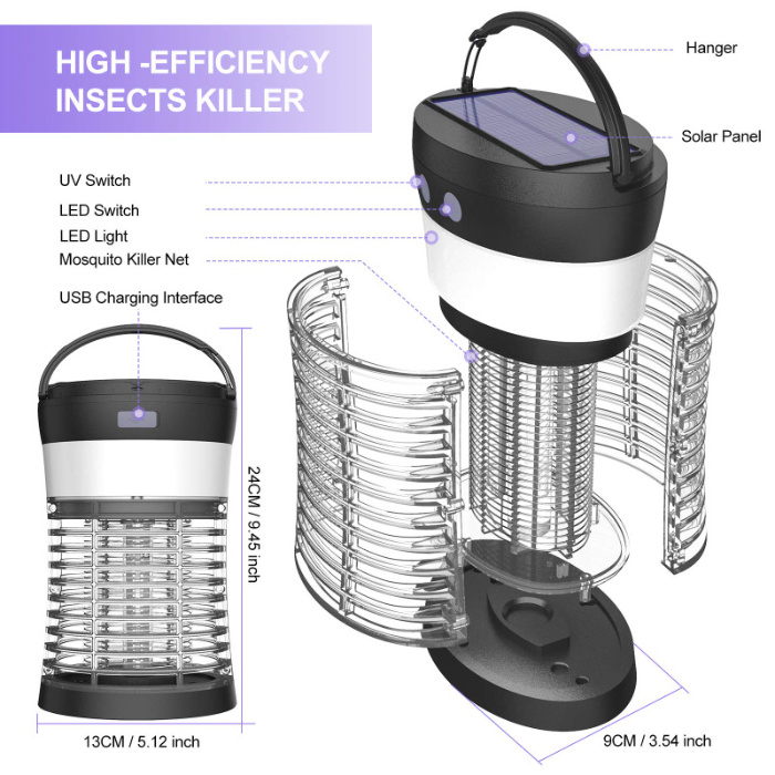 Outdoor Wireless 2500mAh Electric Solar Bug Zapper Portable Indoor and Camping Mosquito Trap for Fly Traps Pest Control