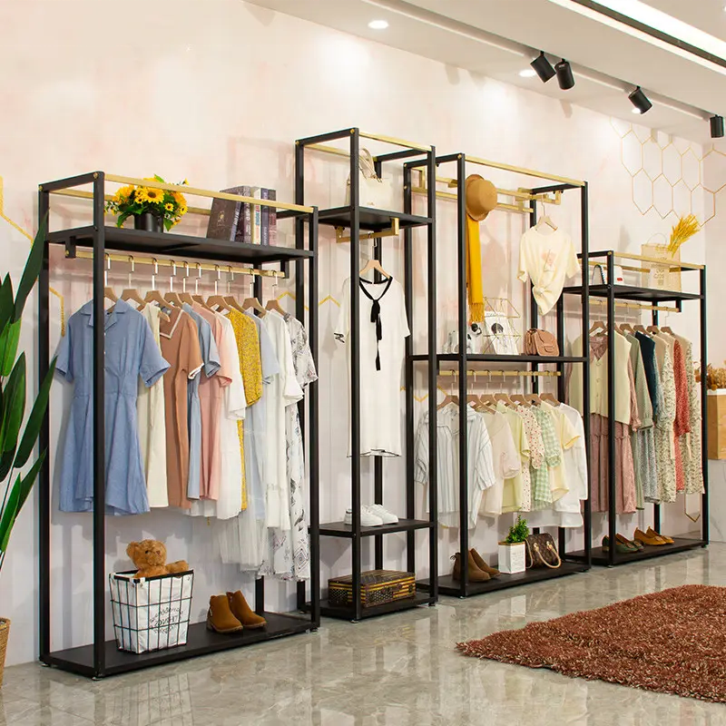 Best Selling Modern Style Customize Unique Suitable Nano Boutique Golden Wall Mounted Stands Shoes Clothing Rack For Shop Store