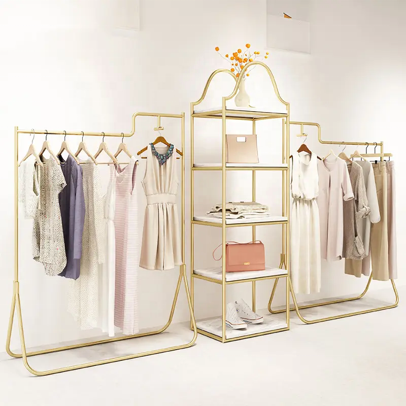 Best Selling Modern Style Customize Unique Suitable Nano Boutique Golden Wall Mounted Stands Shoes Clothing Rack For Shop Store